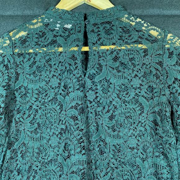 LOFT Womens Blouse Green Floral Lace Bell Sleeve Crochet Sheer Stretch XS - Picture 12 of 16